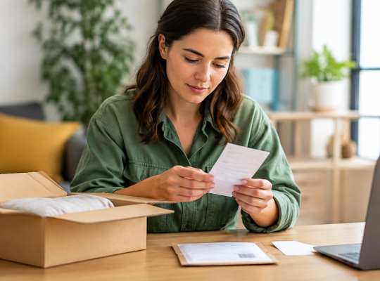 Customer reviewing a return package, receipt, and laptop