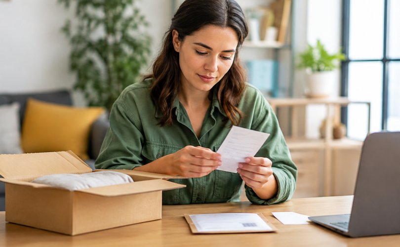 Customer reviewing a return package, receipt, and laptop