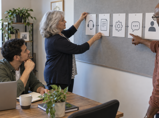 Small team arranges customer-support instruction cards on a wall board.
