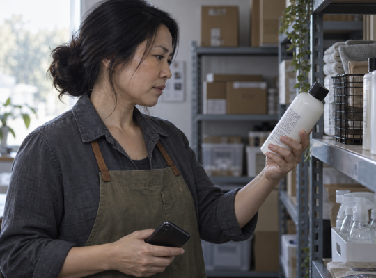 Seller checks a household product label with a phone held at her side.