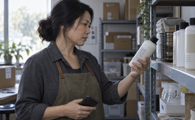 Seller checks a household product label with a phone held at her side.