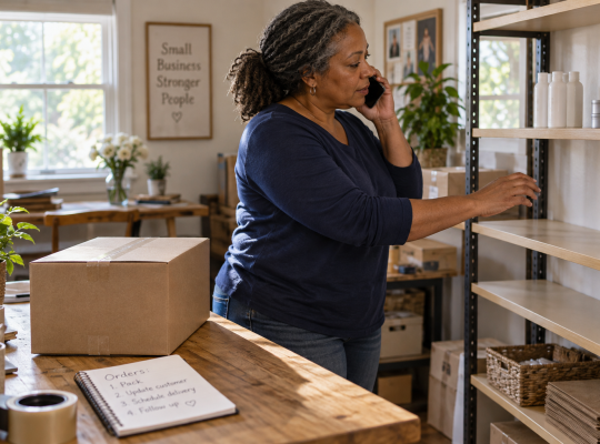 A woman checks a nearly empty product shelf while speaking on the phone beside a shipping box.