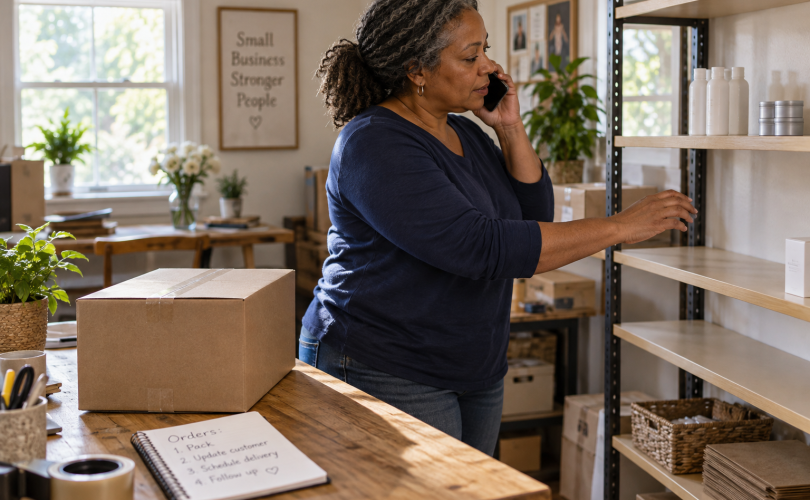 A woman checks a nearly empty product shelf while speaking on the phone beside a shipping box.