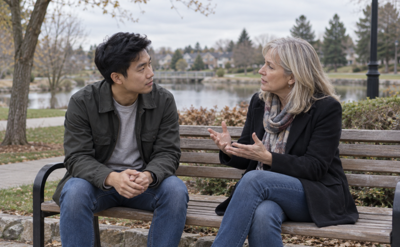 Two adults have a quiet conversation on a park bench.